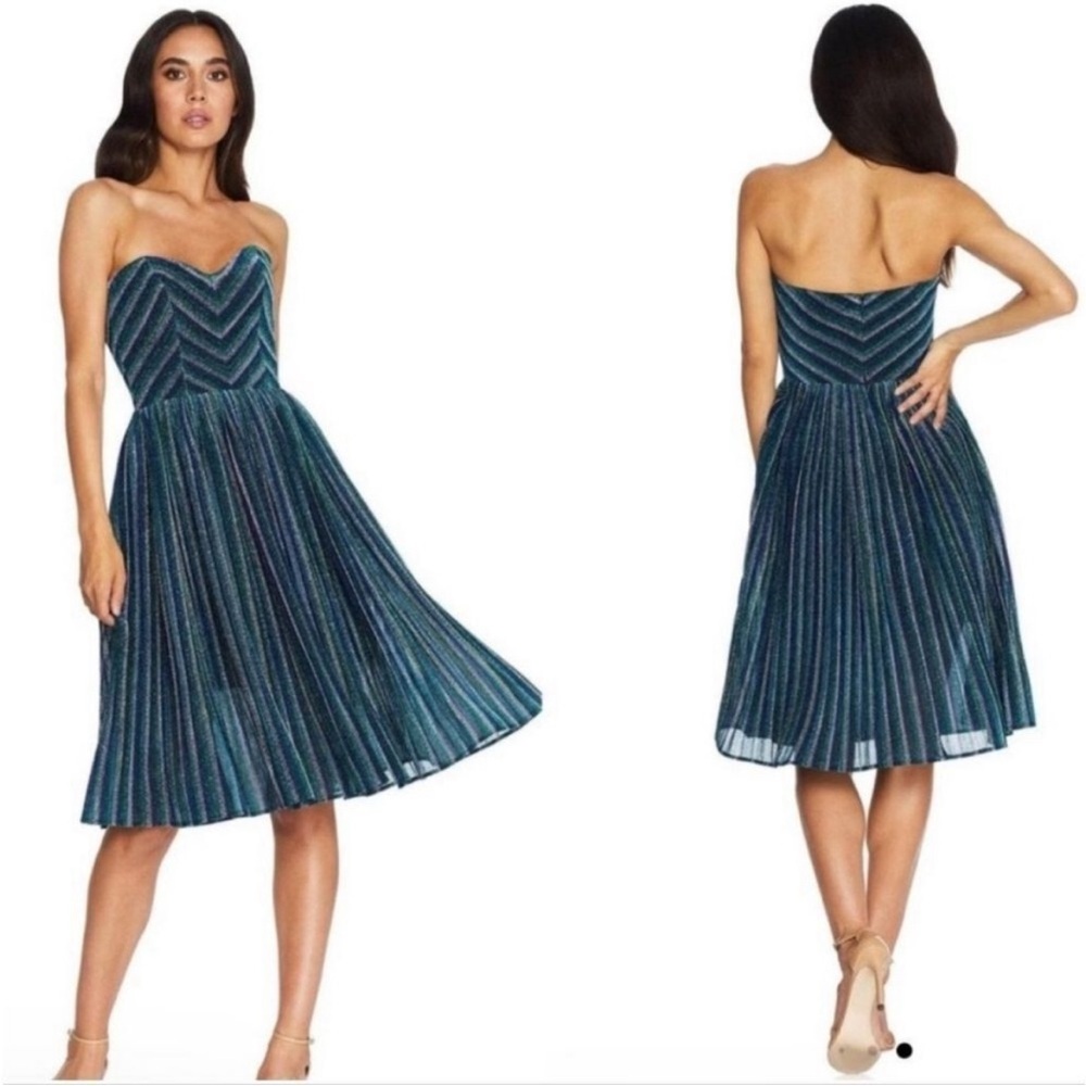 Dress the Population Dress Womens Size M Rosalie Midi Blue Green Silver